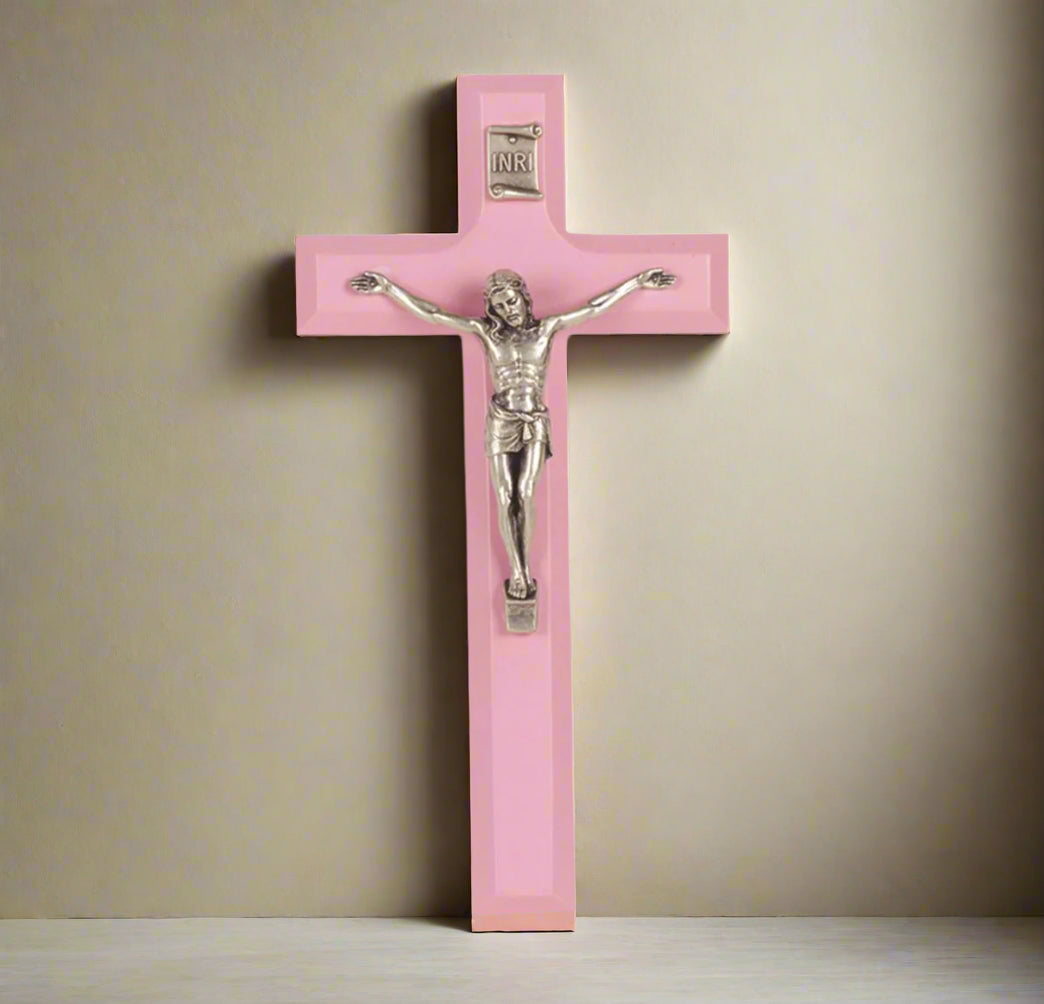 Pink Wall Crucifix with Pewter Corpus