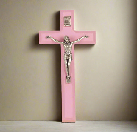 Pink Wall Crucifix with Pewter Corpus