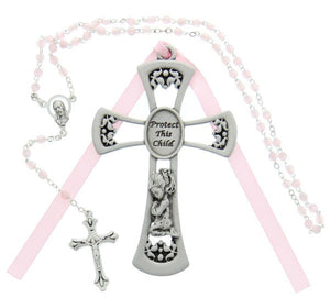 Protect This Child Cross with Baby Rosary Set - Girl