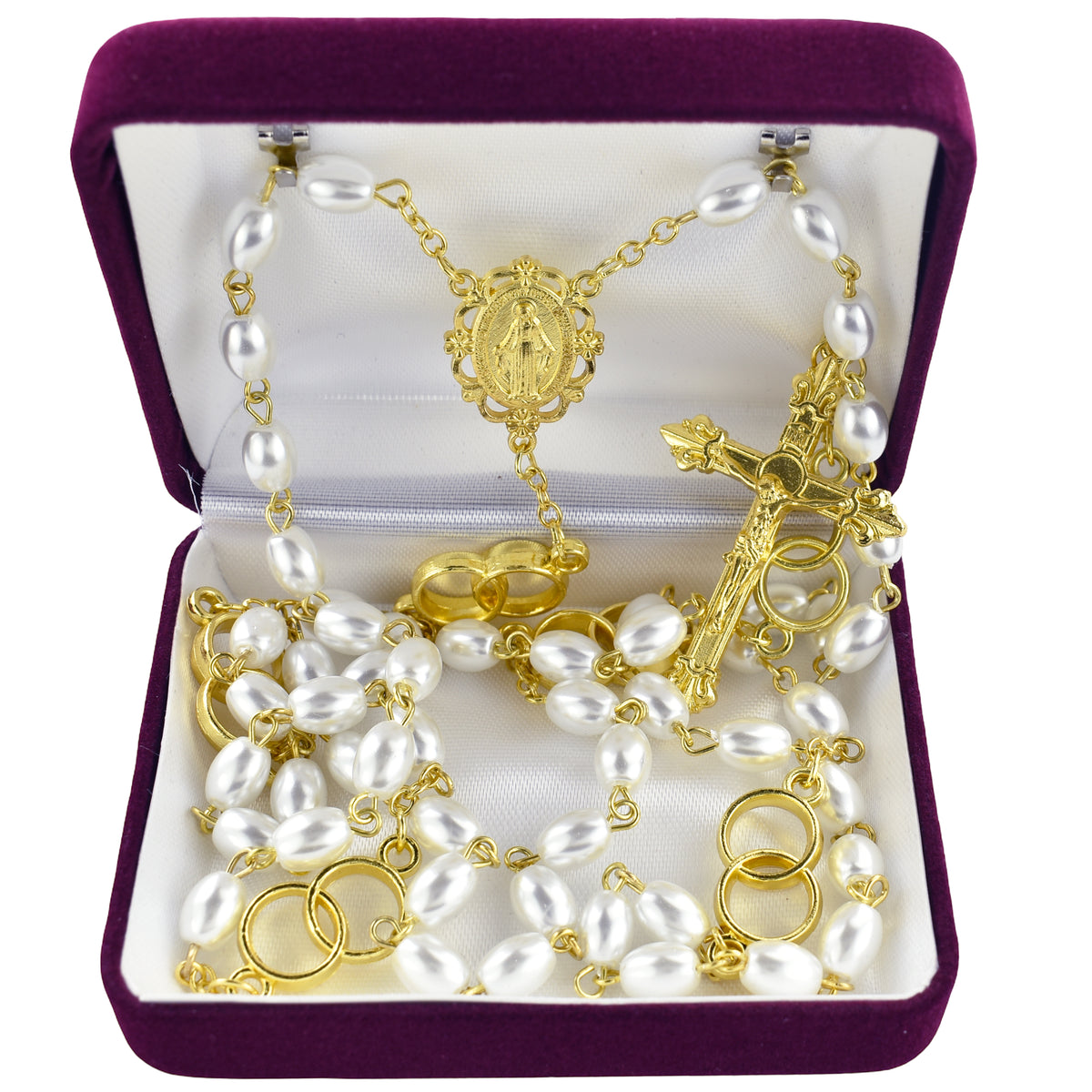 Oval Pearl Wedding Rosary with Wedding Ring Beads