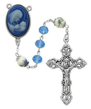 Mother and Child Cameo Rosary | Blue Flower Ceramic and Sun-Cut Crystal Beads