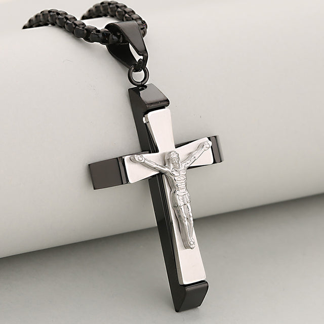 Titanium Steel Two-Tone Crucifix Necklace with Black Chain