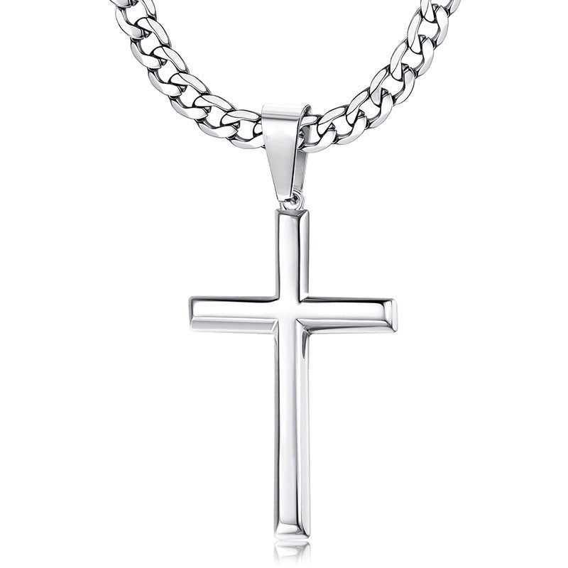 Polished Stainless Steel Cross Necklace with Cuban Chain