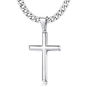 Polished Stainless Steel Cross Necklace with Cuban Chain