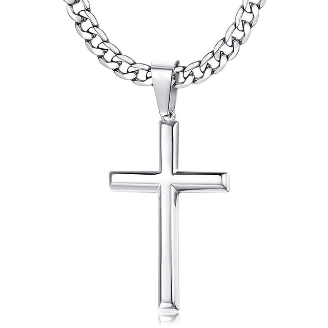 Polished Stainless Steel Cross Necklace with Cuban Chain
