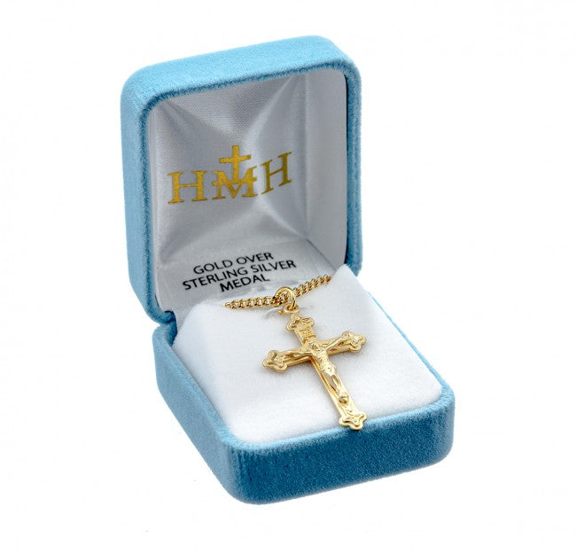 Raised Floral Tip Crucifix Medal Sterling Silver