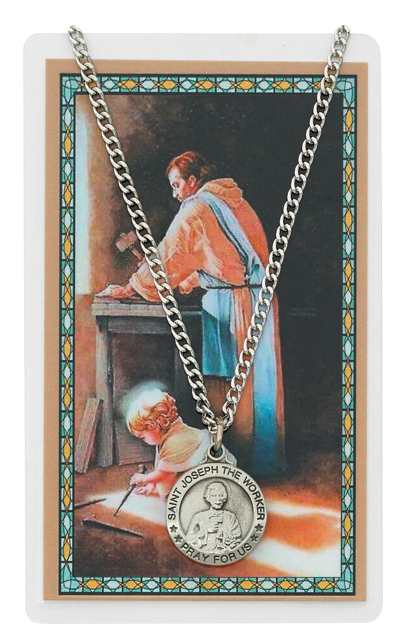 Round St. Joseph The Worker Medal and Prayer Card