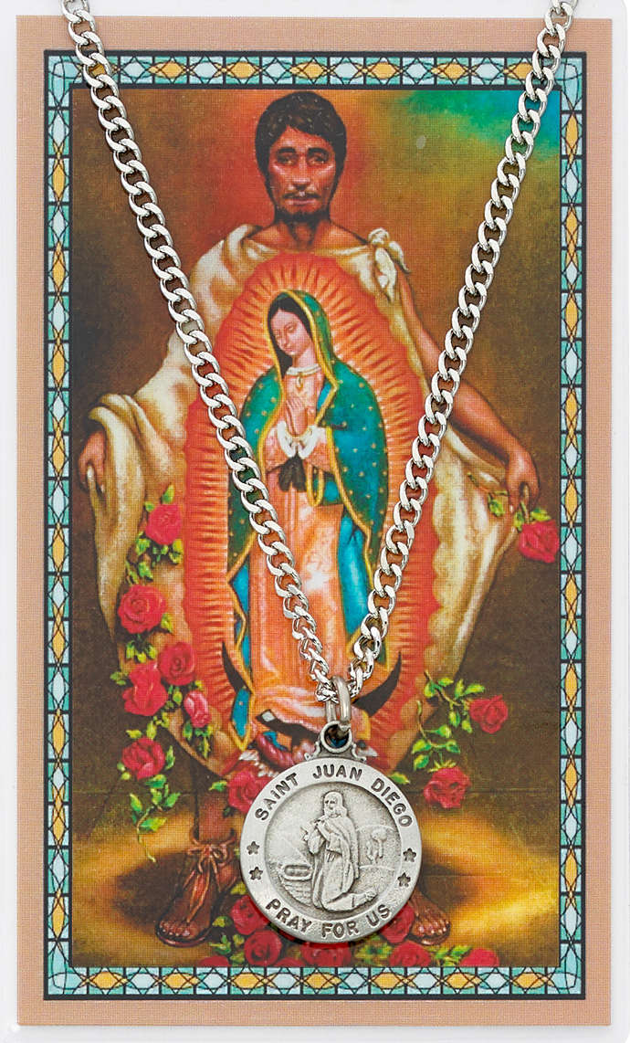 Round St. Juan Diego Pewter Medal with Prayer Card