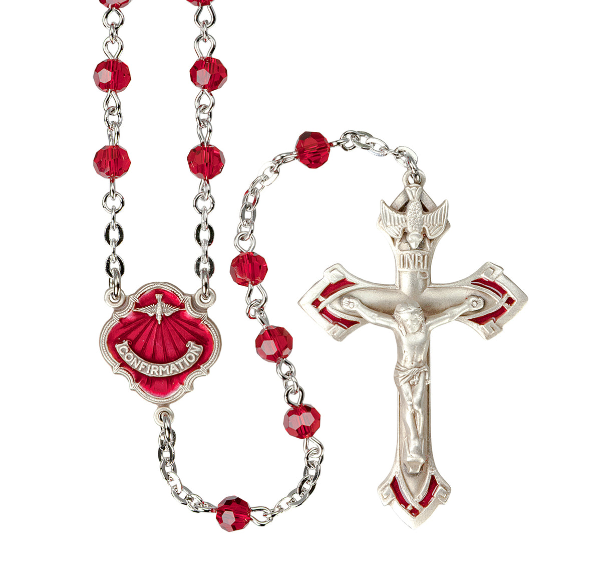 Catholic Church Ruby Ruby Bead Confirmation Rosary in Sterling Silver
