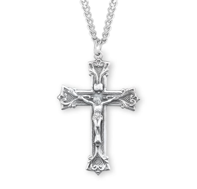 Gothic Scroll Crucifix Necklace, Sterling Silver