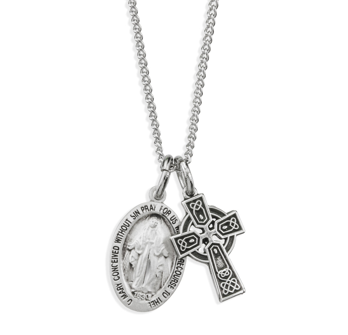 Miraculous Medal and Small Celtic Cross Necklace, Sterling Silver