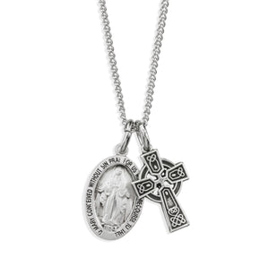 Miraculous Medal and Small Celtic Cross Necklace, Sterling Silver