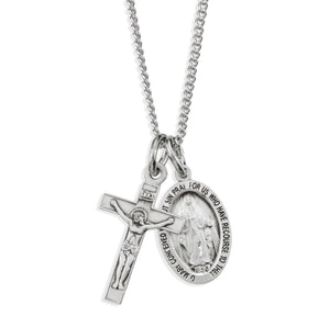 Miraculous Medal and Small Crucifix Necklace, Sterling Silver