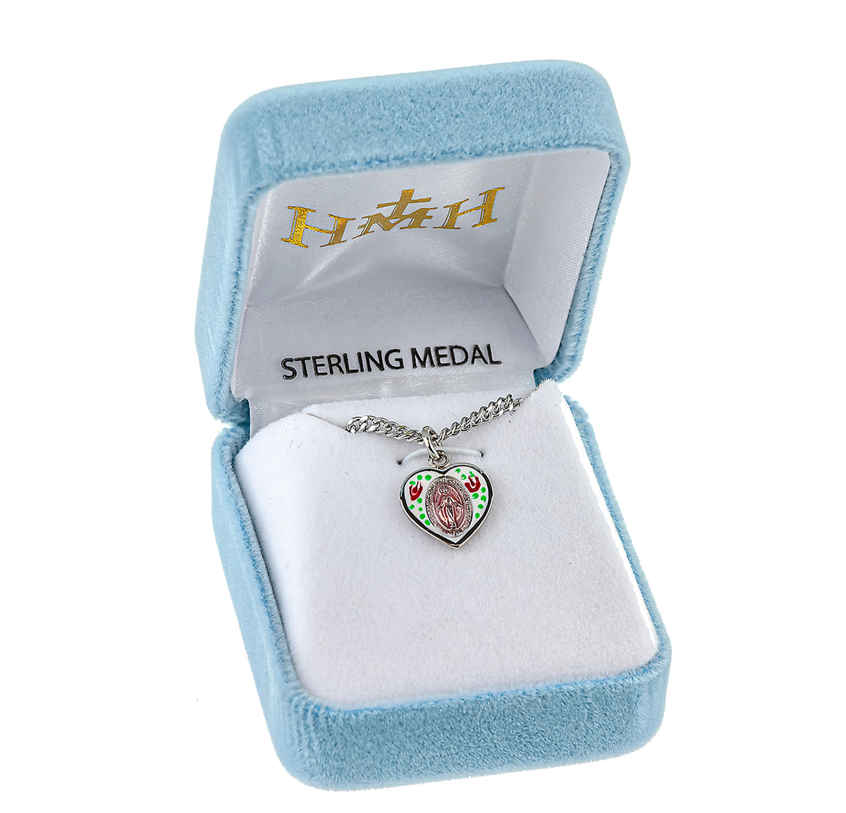 Enameled Pink Heart Miraculous Medal Necklace, Sterling Silver