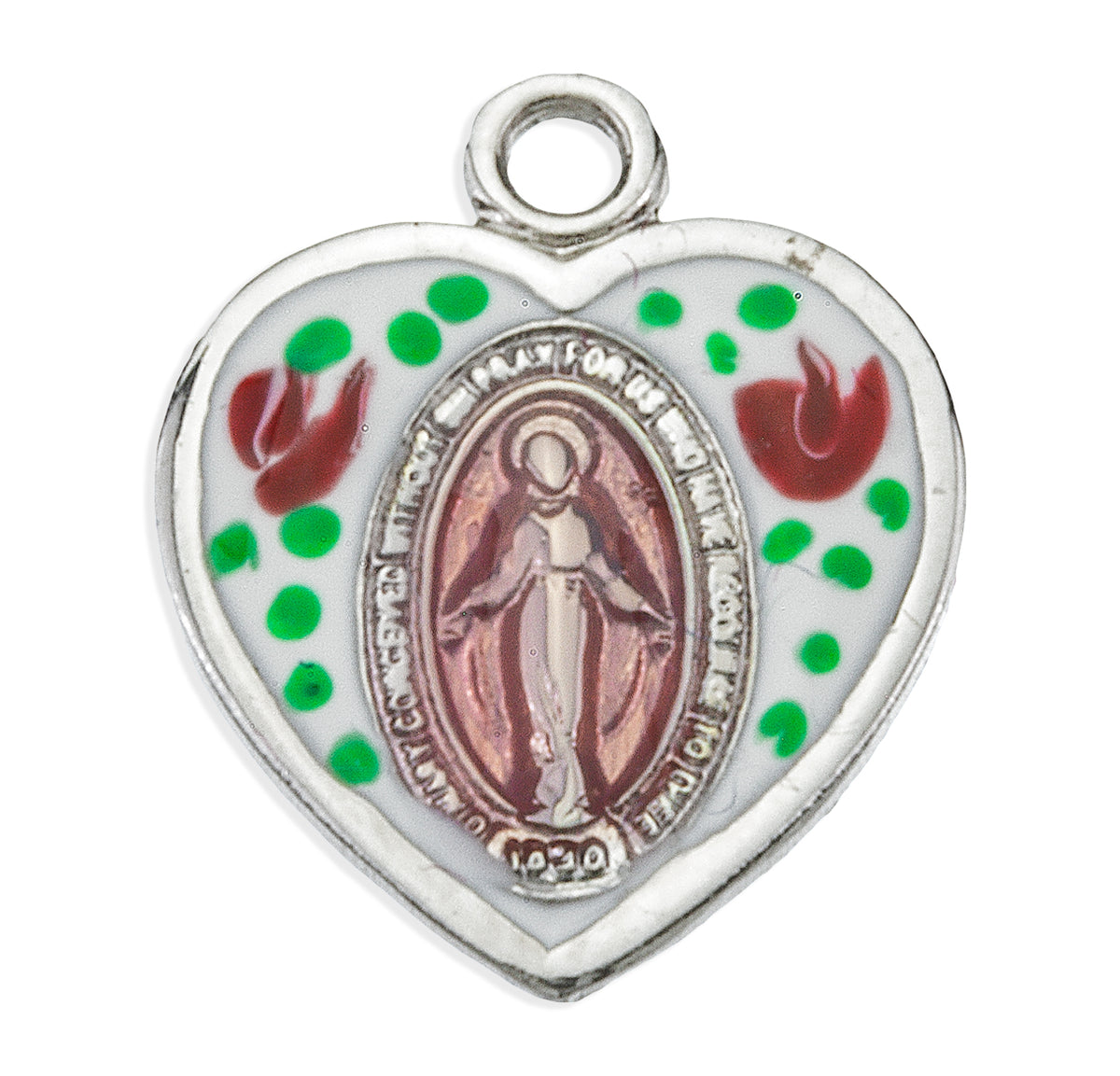 Enameled Pink Heart Miraculous Medal Necklace, Sterling Silver