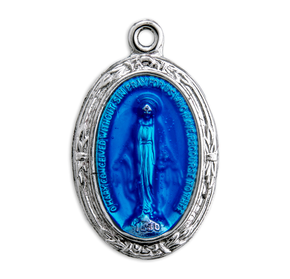 Oval Blue Miraculous Medal Necklace, Sterling Silver
