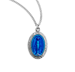 Oval Blue Miraculous Medal Necklace, Sterling Silver