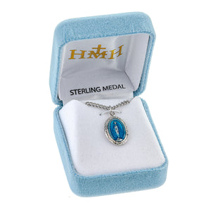 Oval Blue Miraculous Medal Necklace, Sterling Silver