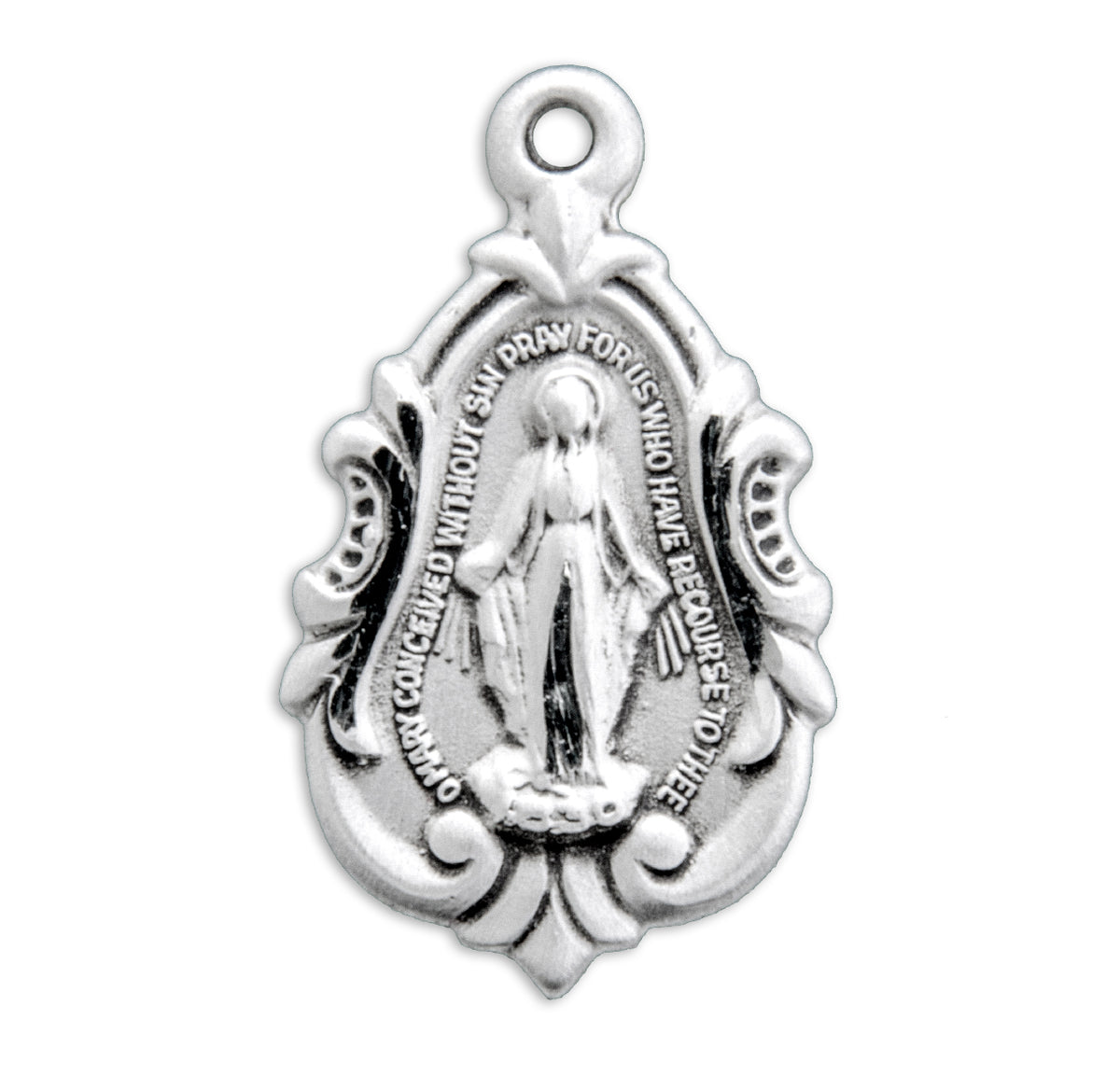 Teardrop Fancy Baroque Miraculous Medal Necklace, Sterling Silver