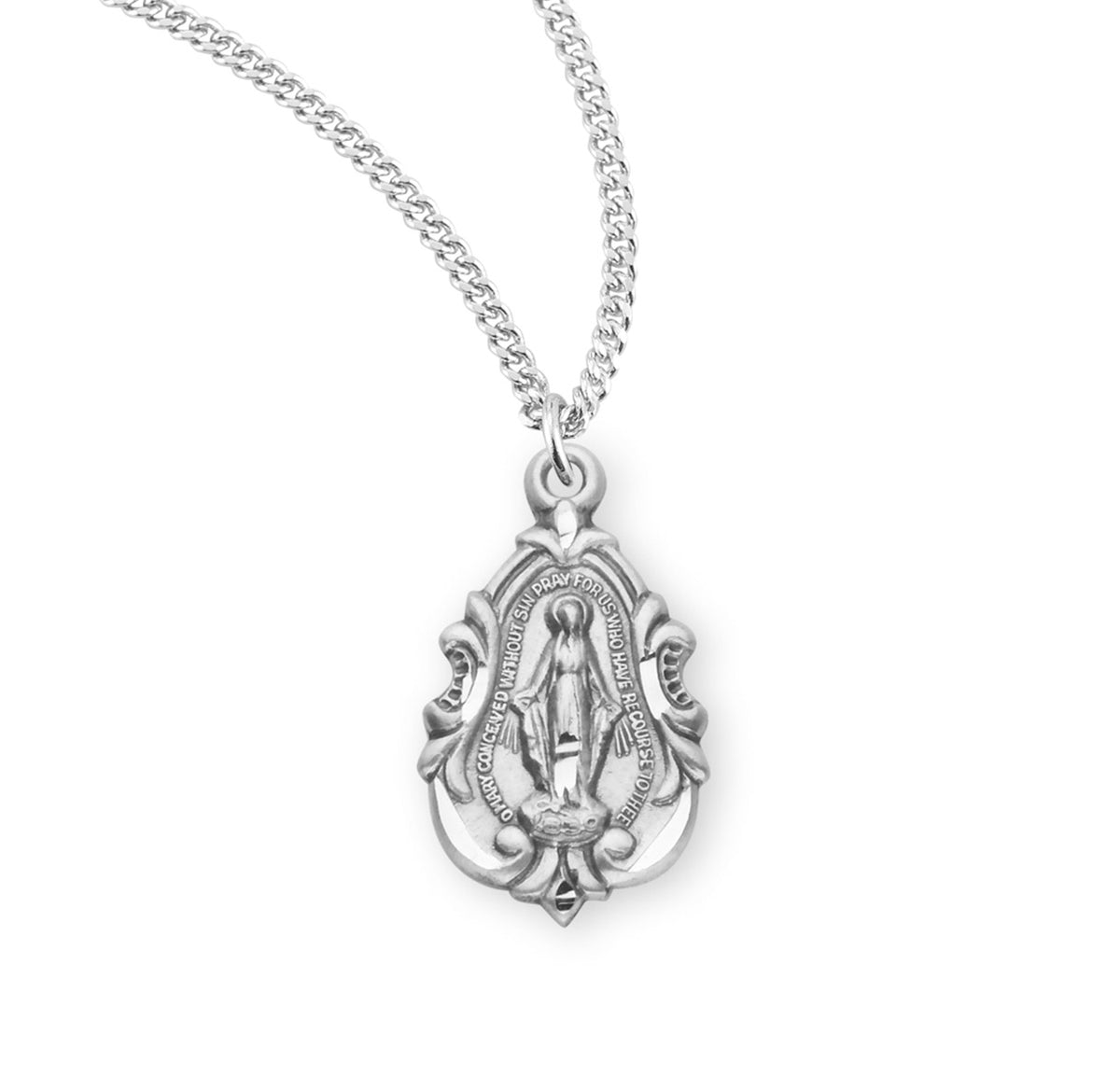 Teardrop Fancy Baroque Miraculous Medal Necklace, Sterling Silver