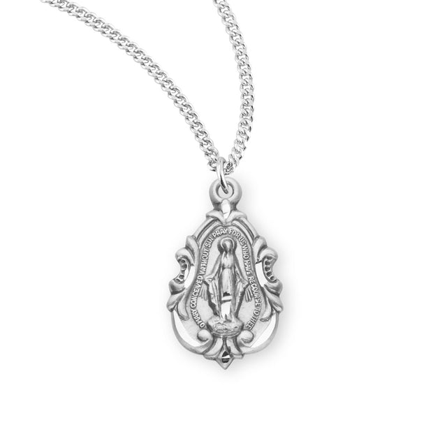 Teardrop Fancy Baroque Miraculous Medal Necklace, Sterling Silver
