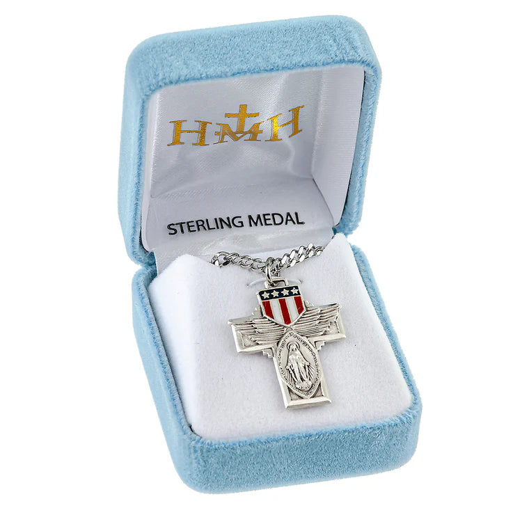 Patriotic Cross Pendant – Sterling Silver with Eagle Wings & Enamel