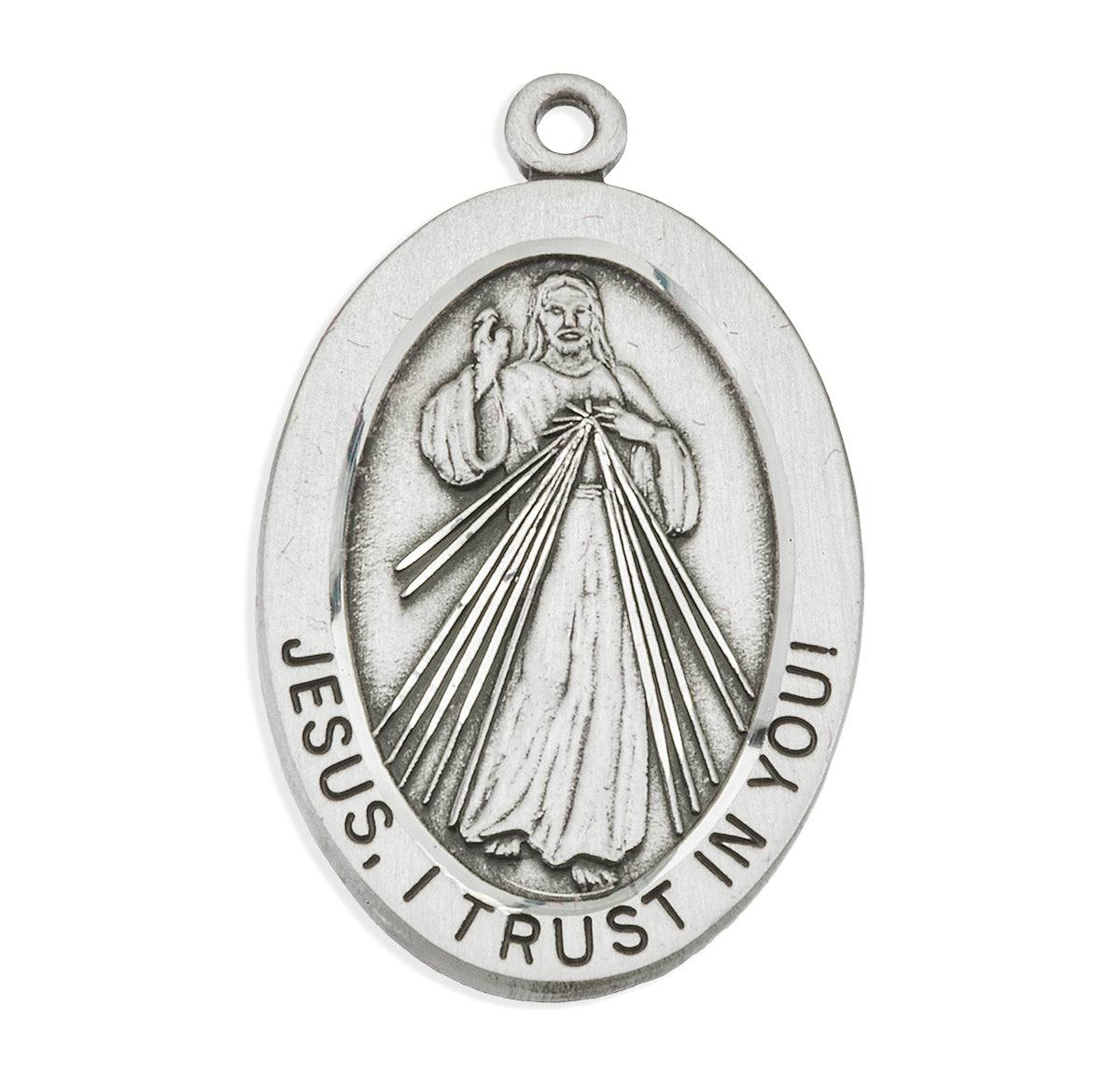 Large Divine Mercy Oval Medal Necklace, Sterling Silver