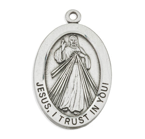 Large Divine Mercy Oval Medal Necklace, Sterling Silver