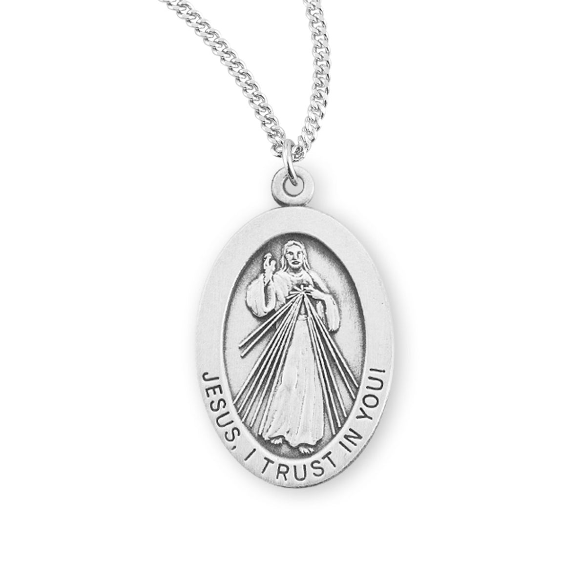 Large Divine Mercy Oval Medal Necklace, Sterling Silver