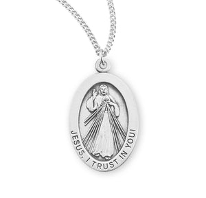 Large Divine Mercy Oval Medal Necklace, Sterling Silver