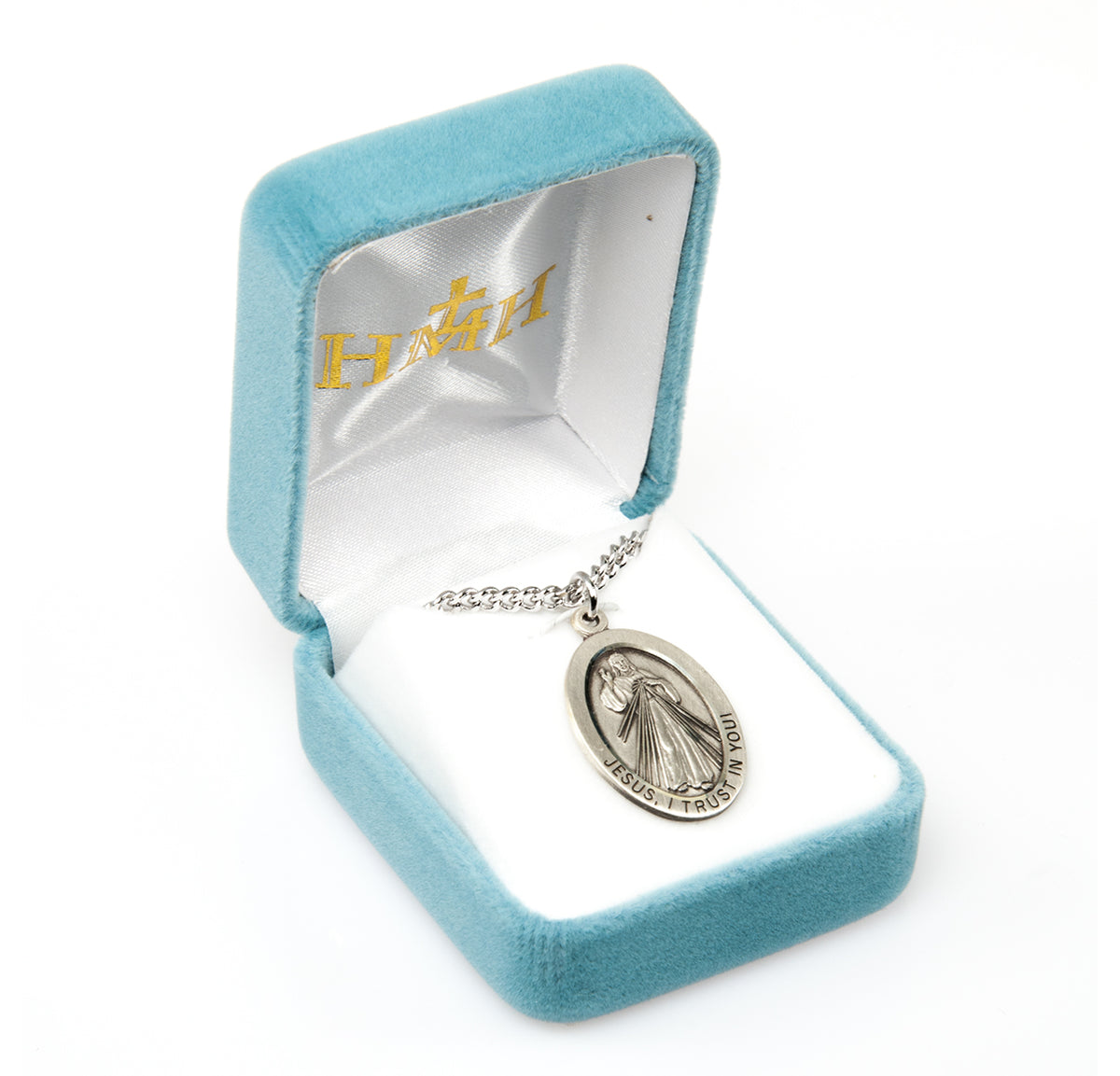 Large Divine Mercy Oval Medal Necklace, Sterling Silver