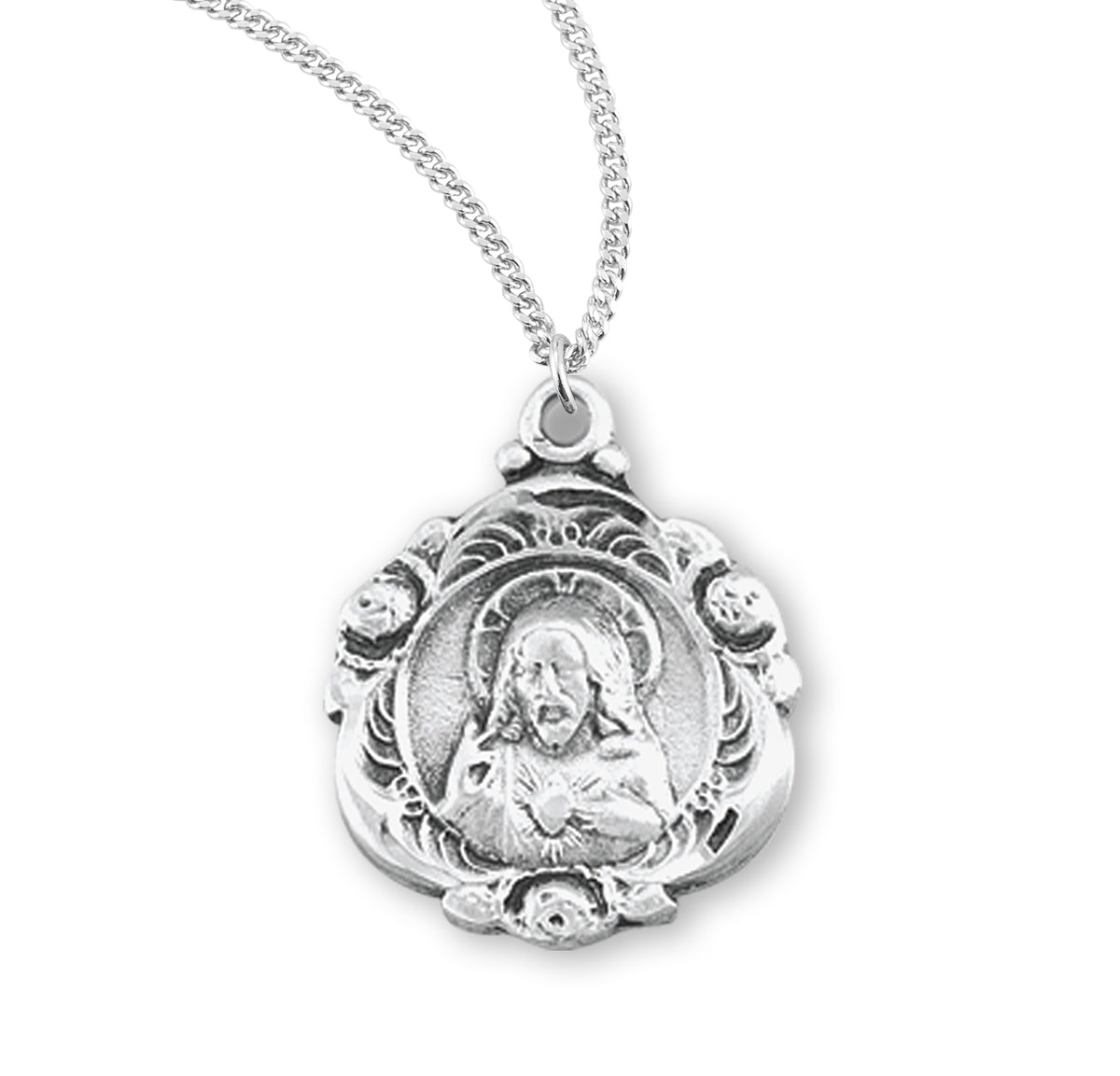 Heavy Small Sacred Heart of Jesus Scapular Medal Necklace, Sterling Silver