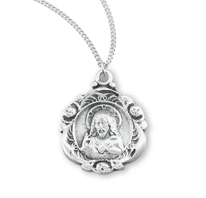 Heavy Small Sacred Heart of Jesus Scapular Medal Necklace, Sterling Silver
