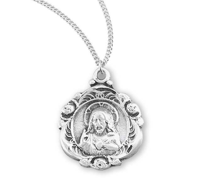 Heavy Small Sacred Heart of Jesus Scapular Medal Necklace, Sterling Silver