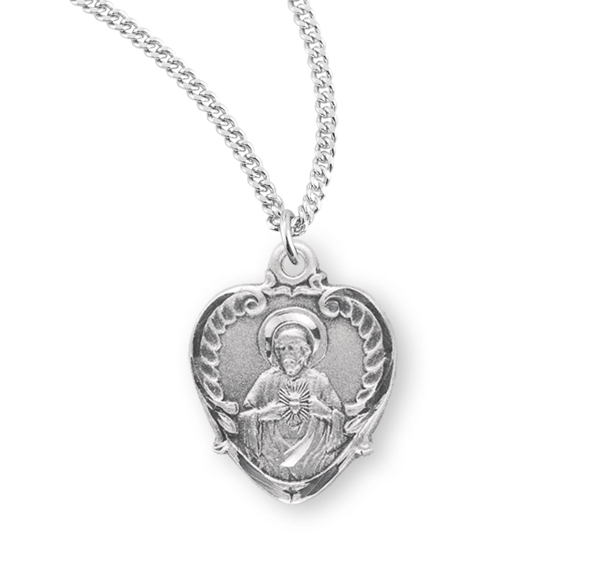 Heart-Shaped Wreath Sacred Heart of Jesus Scapular Medal Necklace, Sterling Silver