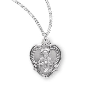 Heart-Shaped Wreath Sacred Heart of Jesus Scapular Medal Necklace, Sterling Silver