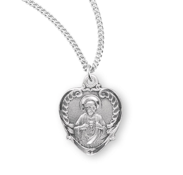 Heart-Shaped Wreath Sacred Heart of Jesus Scapular Medal Necklace, Sterling Silver
