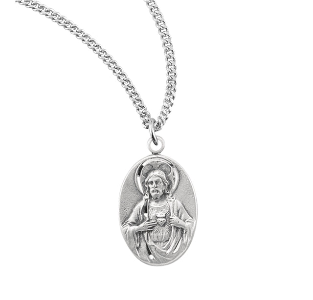 Classic Oval Sacred Heart of Jesus Scapular Medal Necklace, Sterling Silver