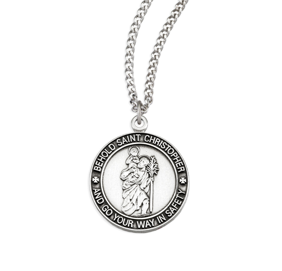 Classic Lettered Saint Christopher Round Medal Necklace, Sterling Silver
