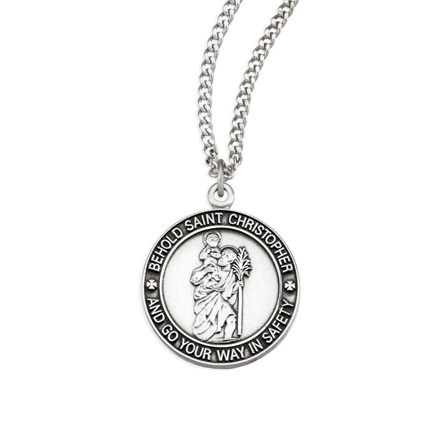 Classic Lettered Saint Christopher Round Medal Necklace, Sterling Silver