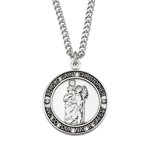Bordered Saint Christopher Pendant Necklace, Sterling Silver