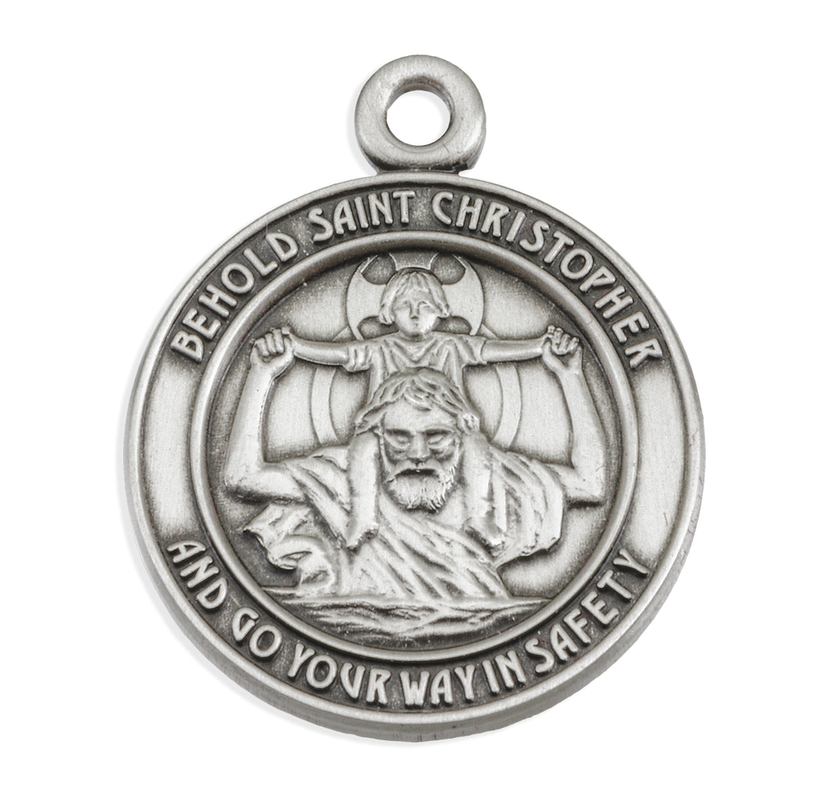 Front-Facing Saint Christopher Round Medal Necklace, Sterling Silver
