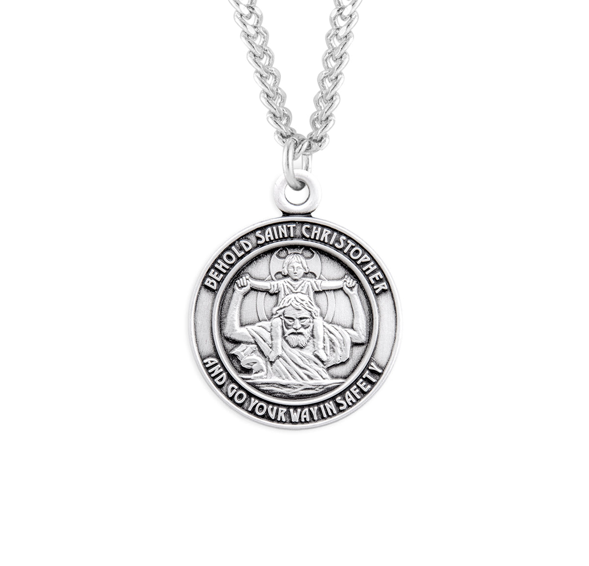 Front-Facing Saint Christopher Round Medal Necklace, Sterling Silver