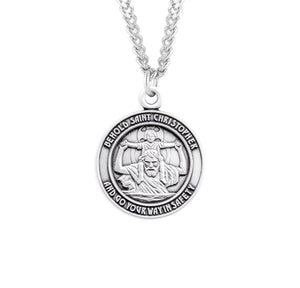 Front-Facing Saint Christopher Round Medal Necklace, Sterling Silver