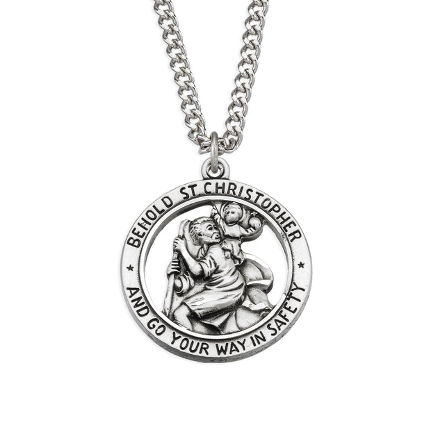 Open Cut-Out Saint Christopher Round Medal Necklace, Sterling Silver