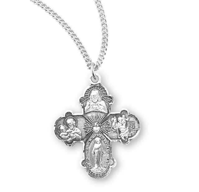 Budded Four-Way Medal Necklace, Sterling Silver