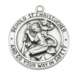 High Relief Saint Christopher Round Medal Necklace, Sterling Silver