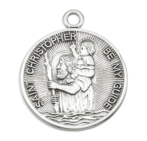 Lightweight Large Saint Christopher Round Medal Necklace, Sterling Silver