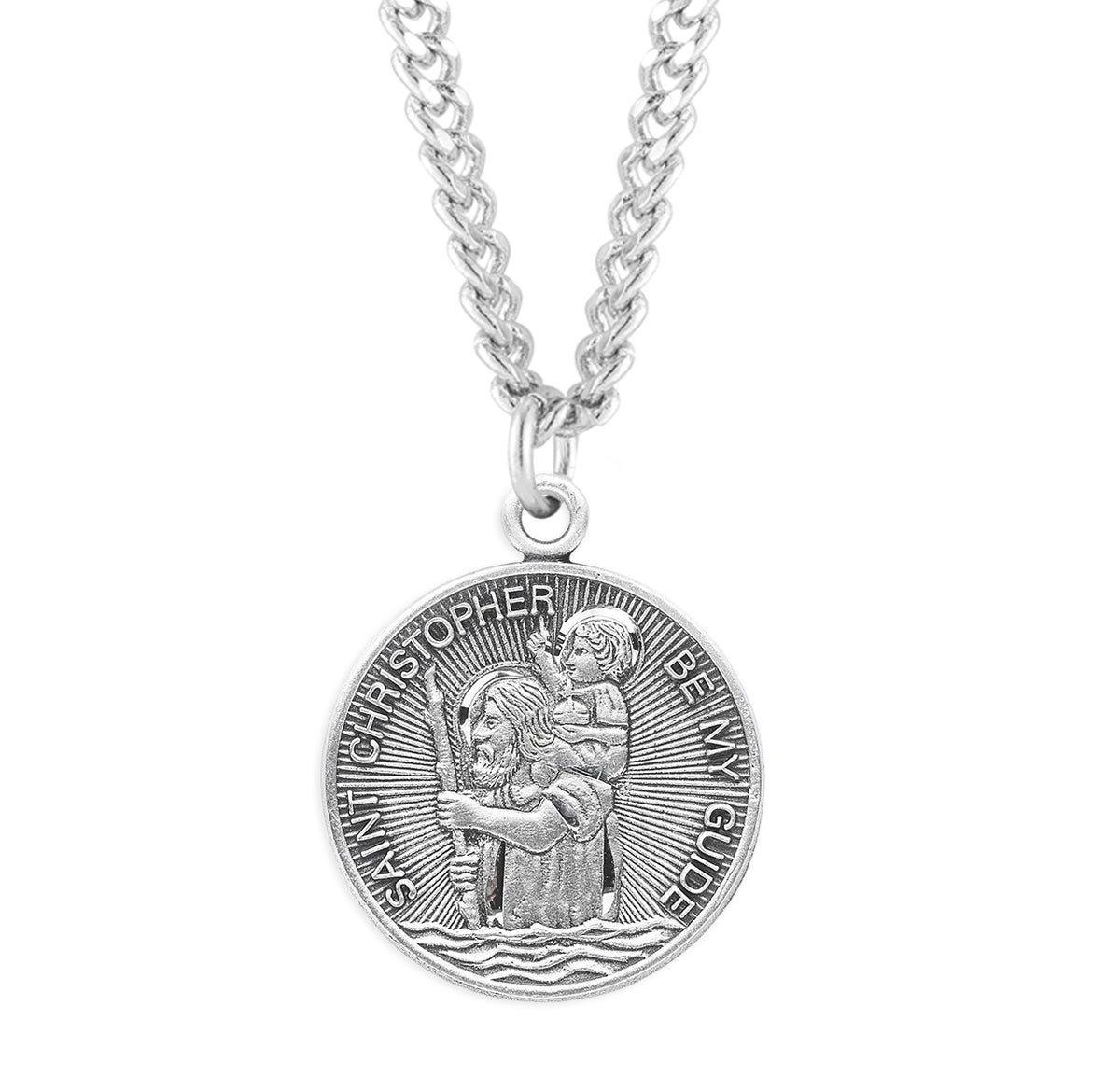 Lightweight Large Saint Christopher Round Medal Necklace, Sterling Silver