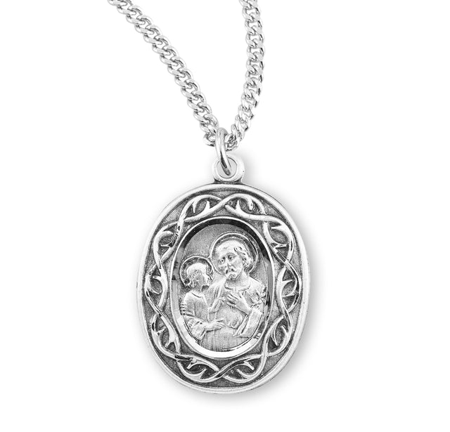 Saint Joseph Crown of Thorns Oval Medal Necklace, Sterling Silver